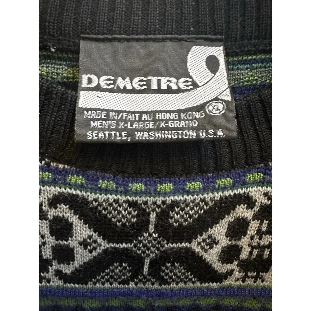 Demetre Vintage Mens Ski Sweater Wool Blend Fair Isle 90s Black Sz XL USA Made‎